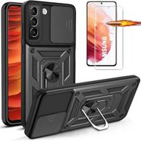 Case for Samsung Galaxy S22 - Black - 2 Tempered Glasses - 360° Stand - Camera Cover juoda