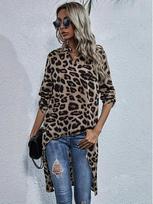 Moteriški kasdieniai pavasario/rudens marškiniai su leopardo raštu, atverčiama apykakle ir ilgomis rankovėmis, sagomis į priekį Extra Large leopardo rašto spalva