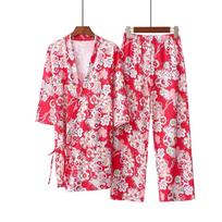 Pink Japanese kimono tether seven-quarter sleeve trousers loose cotton home pajamas set female spring and autumn girl thin M raudona