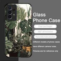 Madingas palmių lapų gėlių raštas grūdinto stiklo telefono dėklas, skirtas Samsung Galaxy A56 A55 A54 A53 A52 A36 A14 A15 5G, apsaugantis nuo kritimo Galaxy A14 4G