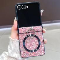 For Samsung Galaxy Z Flip 7 Ring Fold Bracket Magnetic Case for Samsung Galaxy Z Flip 6 Zflip 5 Zflip4 3 Shining Glitter Cover For SM Z Flip 7