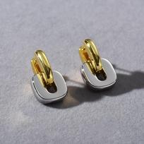 Retro Hong Kong Style Metal Gold And Silver Color Matching Geometric Square Ear Buckle Earrings Niche Personality Simple Fashion Versatile Earrings
