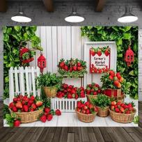 2D Farmhouse Strawberry Backdrop, Farmer's Market Booth Photo Booth Background 47.2x31.5inch/120*80cm