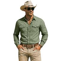 Men Long Sleeve Linen Cotton Shirt Button Down Casual Beachwear Shirt with Turn Down Collar and Chest Pockets for Outdoor Activities L armijos žalia spalva