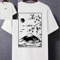Black Soft Pink Fuji Mountain and Sakura Night Print  Cotton Men's T-shirt Summer Dark Japanese-Inspired Casual Streetwear XS balta