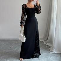 Women's Square Neck Lace Long Sleeve Fitted Waist Split Formal Dress M