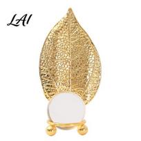 Ambient Light Refracting Ball Faux Crystal with Gold Leaf Stand Metal Statue Clear Sphere Ornament for Office Bedroom Entryway Shelf Coffee B