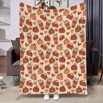 1pc Pumpkin Spice Latte Fall Thanksgiving Blanket - Soft Flannel Throw with Pumpkin, Beige Autumn Decor for Home, Office Size: 75*100cm, Weight: 230 GSM