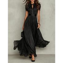 Vintage Solid Lace A-Line Long Dress Women's O Neck High Waist Pleated Party Dress Summer Short Sleeve Flowy Maxi Dresses S