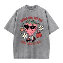 Cotton Washed T-Shirts All-Math O-Neck Distressed Tops Fashionable Strawberries Print Short Sleeve Summer Female Clothes S įvairiaspalvis