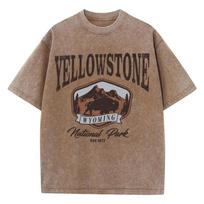 Woman Cotton Washed T-Shirts All-Math O-Neck Distressed Short Sleeve The Bison In Yellowstone Park Printing Tops Summer Clothes S įvairiaspalvis