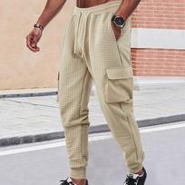 Spring Summer Men Waffle Knit Cargo Joggers Drawstring Waist Large Side Flap Cargo Pockets Lightweight Daily Hip Hop Streetwear Casual Sweat Pants S chaki
