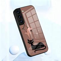 Mid Century Black Cat Phone Case For Samsung S26 S25 S24 FE S23 S22 S21 Plus S20 Ultra Note20Ultra Black Glass Cover Galaxy S25 plus