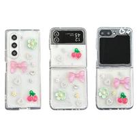 Rhinestone Pearl Heart Bow Tie Design Epoxy Flowers Cherry Butterfly  Women's PC Hone Case for Samsung Z Flip 6 W24 ZFold 5 Opp Bag&For Galaxy Z flip 4 skaidri