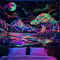 UV Blacklight Tree Skull Mushroom Tapestry, Psychedelic Trippy Wall Hanging for Bedroom Dorm Aesthetic Decor 100X70CM