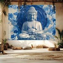 Tranquil Buddha Tapestry-Golden Bodhisattva Zen Temple Wall Art Tapestry with Sky Blue Halo for Living Room Bedroom 100X70CM