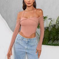 European and American sexy mesh lace-up one-word shoulder long-sleeved top, women's clothing neck-hanging see-through horn-sleeved top XS