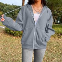 Zip Up Hoodie Women Oversized Sweatshirt With Pocket Hooded Long Sleeve Jackets L