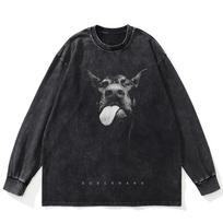 Streetwear Dobermann Graphic Washed juodi marškinėliai medvilniniai unisex plius dydžio ilgomis rankovėmis marškinėliai M juoda