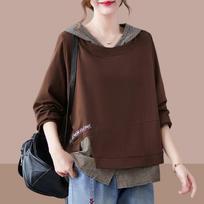 Spring and Autumn Fake Two-piece Long-sleeved T-shirt Loose-fitting Clothes Plaid Irregular Stitching Hooded Fashion Sweater Women XS ruda