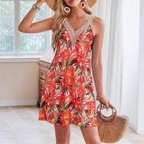 GMXIA Women's Summer Beach Lace V Neck Tank Dress Casual Tropical Printed Sleeveless Short Dresses S