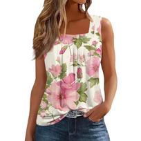 Women's Fashion Casual Pleated Square Collar Sleeveless Vest Print Summer T-shirt L karšta rožinė spalva