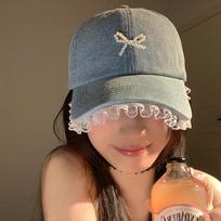 Lace lace denim baseball cap women's big head circumference showing face small cap three-dimensional pearl bow hat adjustable