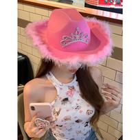 Rožinė aukšta skrybėlė Karūna Vakarų kaubojaus skrybėlė Helovino plunksnų kraštas Karnavalo vakarėlio skrybėlė One Size pink