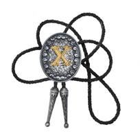 Men's Rodeos Bolo Tie Braided Leather Cord Necktie with Metal Initial Letter Pendant Adjustable Chain Necklace Neckwear
