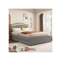 Lit - MUVOE - 90x200cm - Rembourré - Éclairage LED - 2 tiroirs de rangement pilka