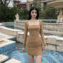 Hong Kong flavor sexy fashion Internet celebrity live streaming host clothing foreign style waist thin mesh hip dress female tide S chaki