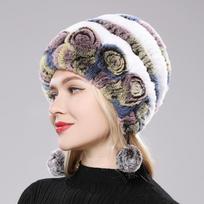 Winter Hats for Girls Women's Fur Hat Real Rex Rabbit Cap Floral Knitted Hat with Balls Skulls Beanies 55-59cm 55-60cm geltona/balta