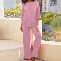 Women's Casual Top Wide Leg Pants Set Cotton Linen Pants Top Two-piece Set XXXXXL pink