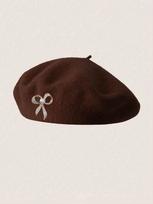 French Style Beret Hat Women Pearl Bow Solid Color Woolen Cap ruda