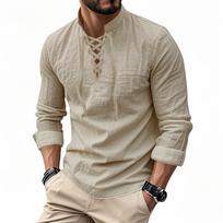 Men's Vintage V-neck T-shirt Cotton Linen Pirate Medieval Viking Gothic Tops Shirts Long Sleeved Cospaly Halloween Party Top S chaki