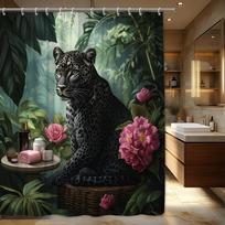 1Pc Majestic Black Leopard In Wicker Basket Shower Curtain - Tropical Plants & Pink Flowers Design, Polyester Fabric Bathroom W60H190(CM)-1 Pcs gray