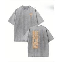 Vintage Christian T-Shirt - Blessed Are Those Who Trust in The Lord Cross Design - Washed Effect - Double-Sided Print on Front And Back S pilka