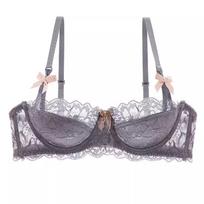 Grey Lace Balconette Bra with Pink Bow Accents and Adjustable Straps S
