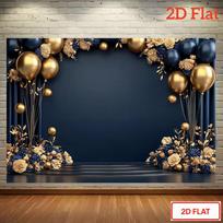 2D Navy Blue Gold Balloon & Flower Backdrop, 10x6ft Luxury Party Photo Booth Background for Festival & Celebration 47.2x31.5inch/120*80cm