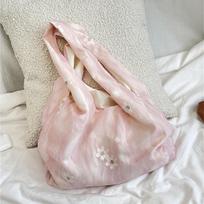 Large Capacity Flower Embroidery Vest Bag with Lace Ribbon Shoulder Bag Vacation Tote Bag  Travel Pink
