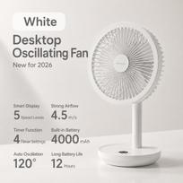 KINSCOTER Smart Oscillating Desk Fan 4000mAh USB Angle Adjustable Silent Rechargeable Fan 5 Wind Speeds for Home/Office/Gift balta