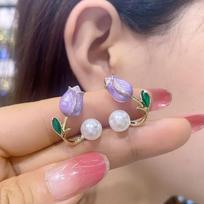 New Pink Purple Tulip Flower Stud Earrings for Women Exquisite Leaves Imitation Pearl Ear Studs Sweet French Party Jewelry Gifts violetinė