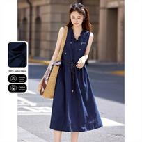 Lace Trim Tie-Waist Sleeveless Denim Dress M