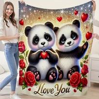 Panda Love Flannel Throw Blanket, Double Sided Heart Pattern for Sofa Bed, Soft All Season Machine Washable,Cute Home Decor Gift Size: 75*100cm, Weight: 230 GSM