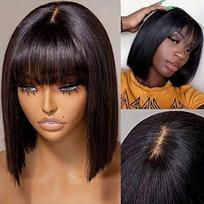 Machine Made Lace Front Remy 100% Human Hair Straight Bob Wig Bangs Transparent Brazilian Different for Black Women (as the picture,10 inches&machine)