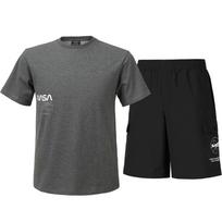 Nasa Unisex Cotton Blend Training Short Sleeve T-Shirt + Woven Knee-Length Shorts Set [Charcoal + Black] 105