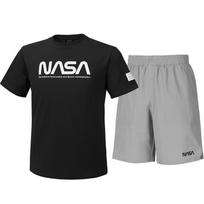 Nasa Unisex Cotton Blend Training T-Shirt + Woven Knee-Length Shorts Set [Black + Light Gray] 105
