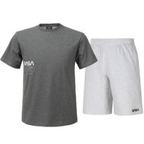 Nasa Unisex Cotton Blend Training T-Shirt + Knee-Length Cotton Shorts Set [Charcoal + Melange White] 95