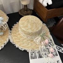 Wide Brim Lace Bow Straw Hat Flower Summer Beach Sun Hat Outing in Spring Tulip Hat  Outdoor