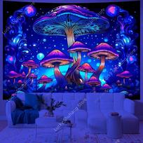 UV Reactive Mushroom Tapestry, Blacklight Trippy Galaxy Wall Art Cloth for Glow Party & Aesthetic Room Decor 100X70CM